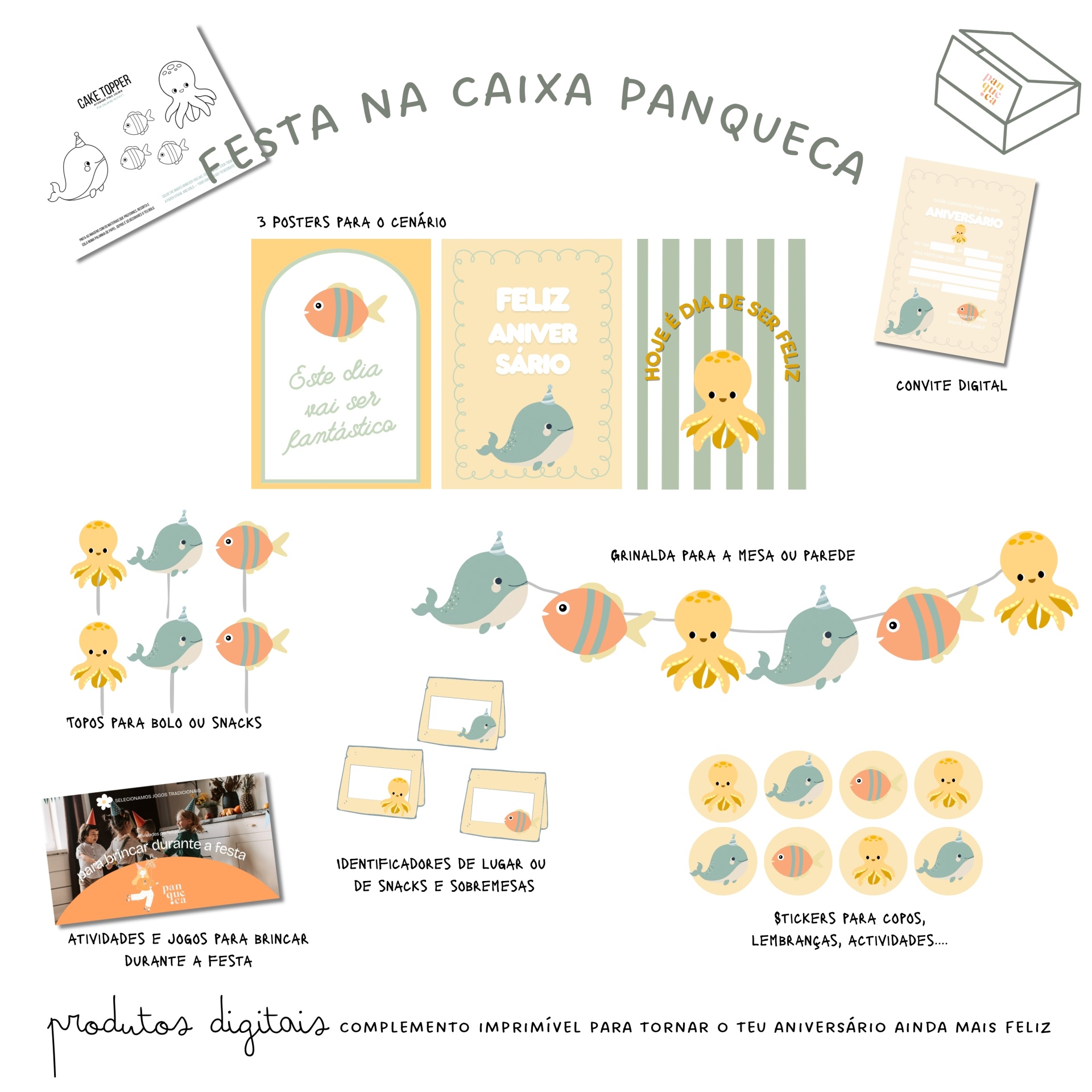 Produtos digitais imprimíveis para festa infantil com desenhos de polvo, baleia e peixe, e textos em português.