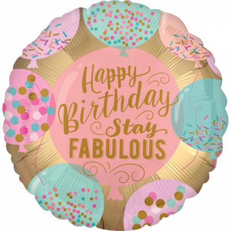 Balão redondo rosa, azul e dourado com texto 'Happy Birthday Stay Fabulous'