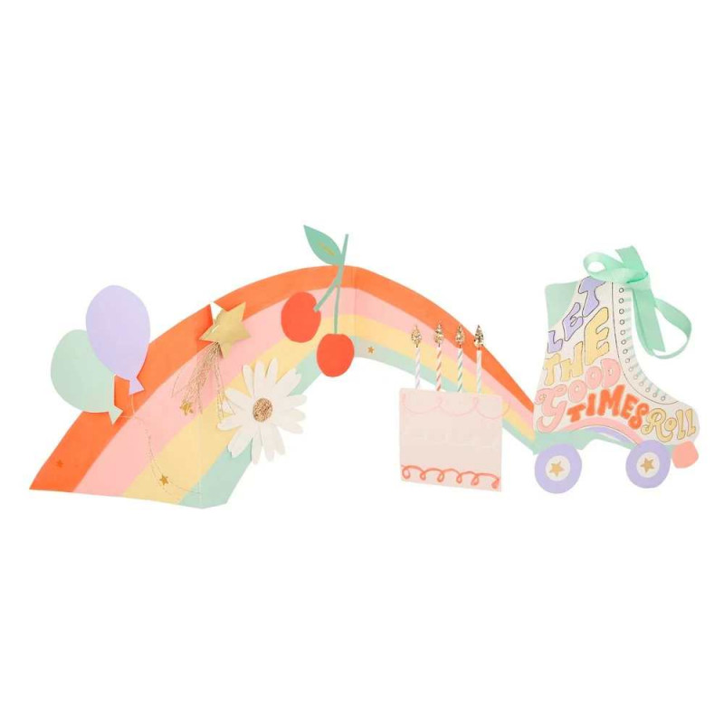 Decoração de festa em papel com arco-íris, balões, estrela, flor, cerejas, bolo de aniversário e patim colorido