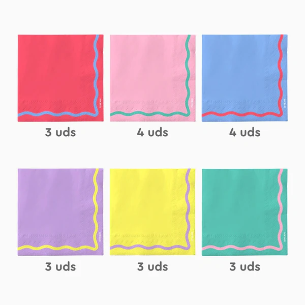 Guardanapos coloridos com bordas onduladas e quantidade indicada.