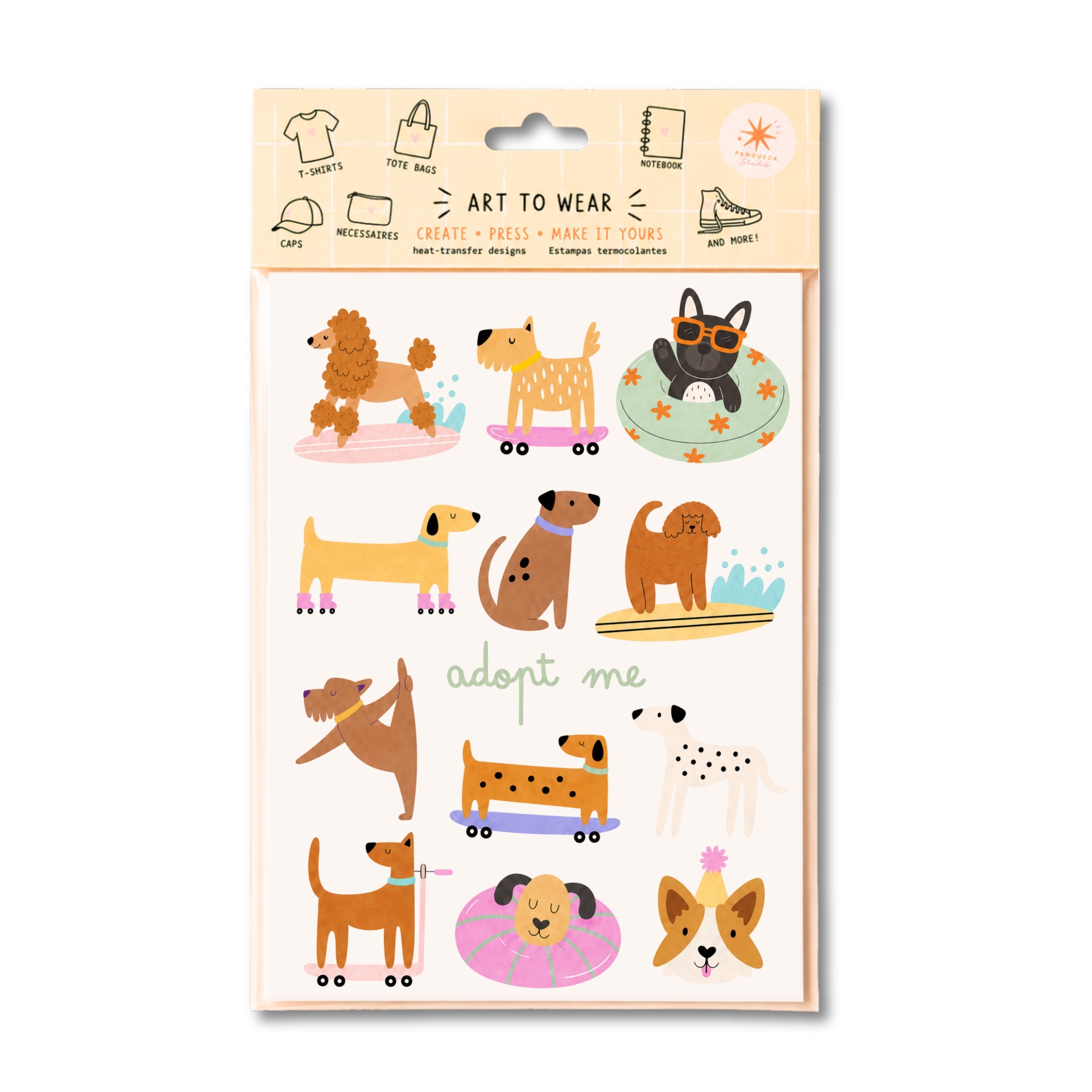 Estampas termocolantes com cães coloridos e texto Adopt me