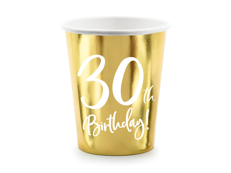 Copo descartável dourado com texto 30th Birthday