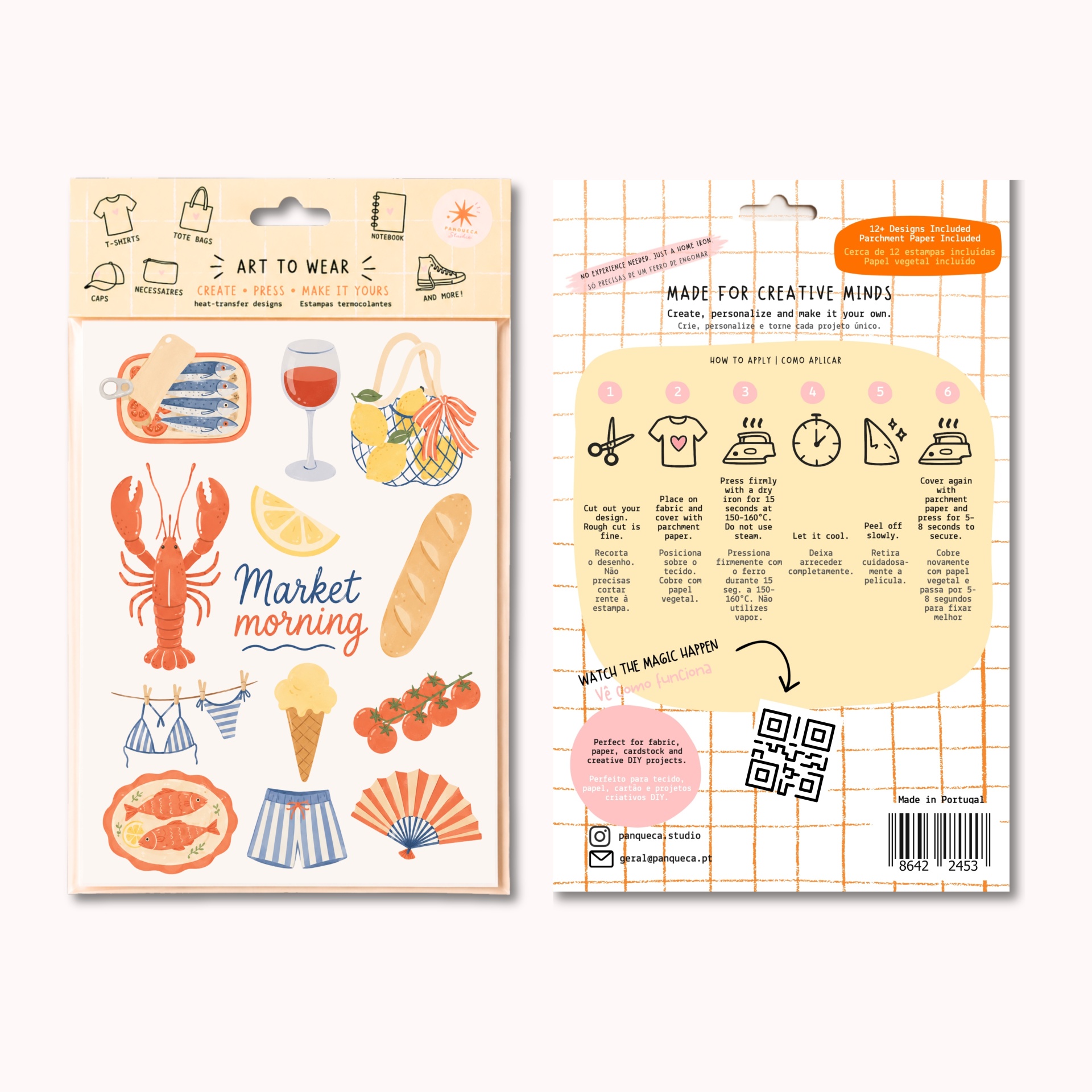 Kit de estampas termocolantes coloridas com desenhos de mariscos, fruta e objetos para tecido.