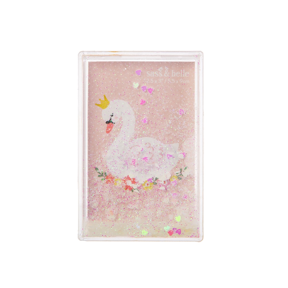 Carteira transparente com design rosa e cisne branco com coroa dourada e glitter