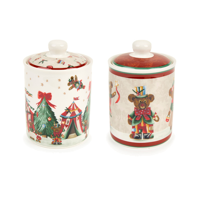Caixas de cerâmica natalícias com desenhos de ursinhos e árvores de Natal