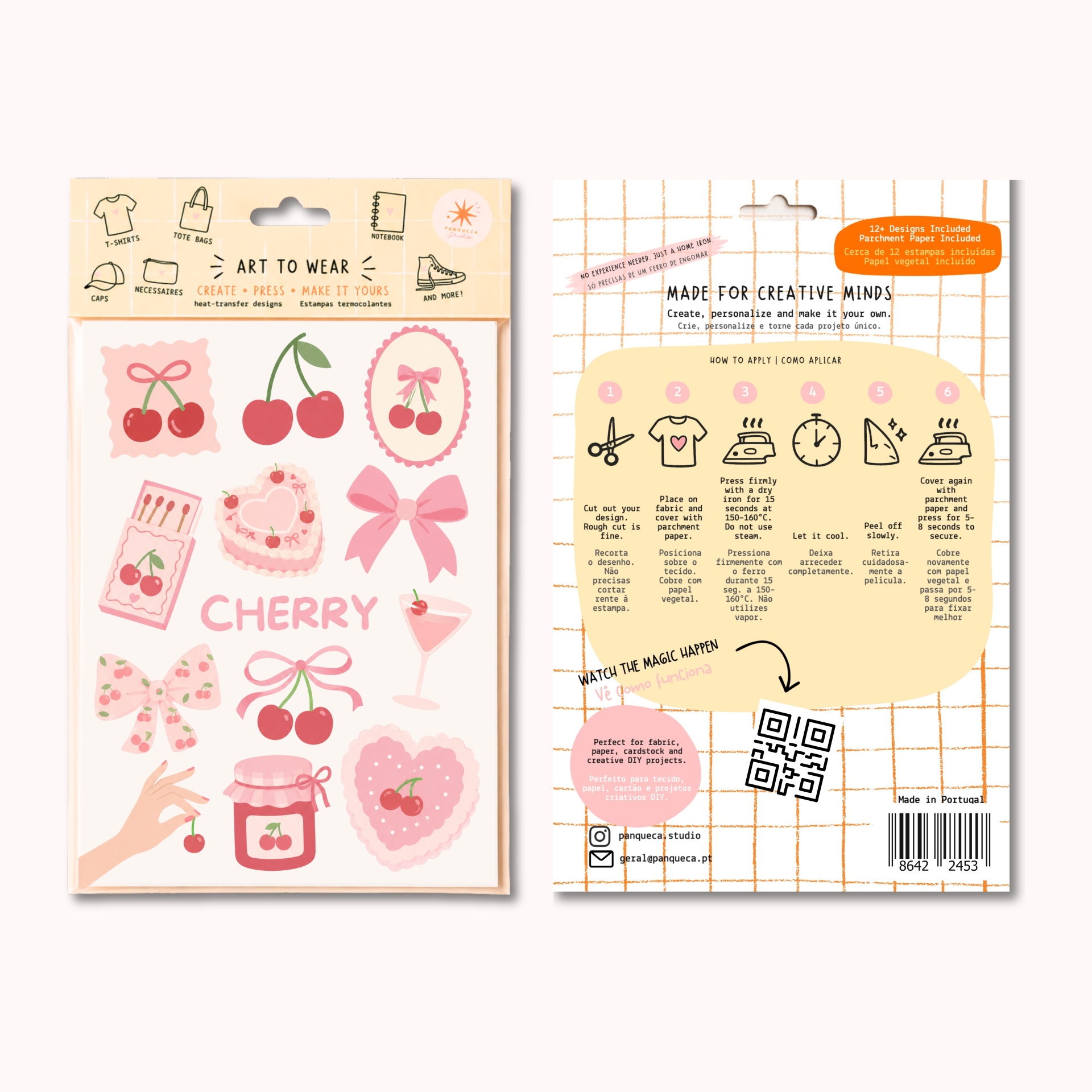 Estampas termocolantes com cerejas e laços cor de rosa e vermelho