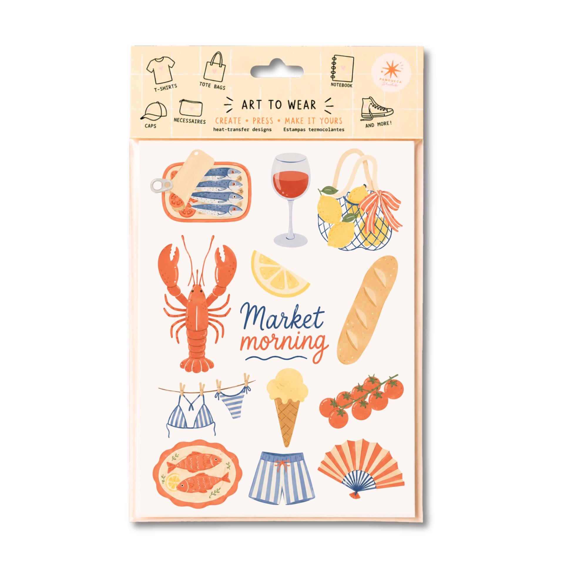 Estampas termocolantes com desenhos de comida e verão em fundo branco
