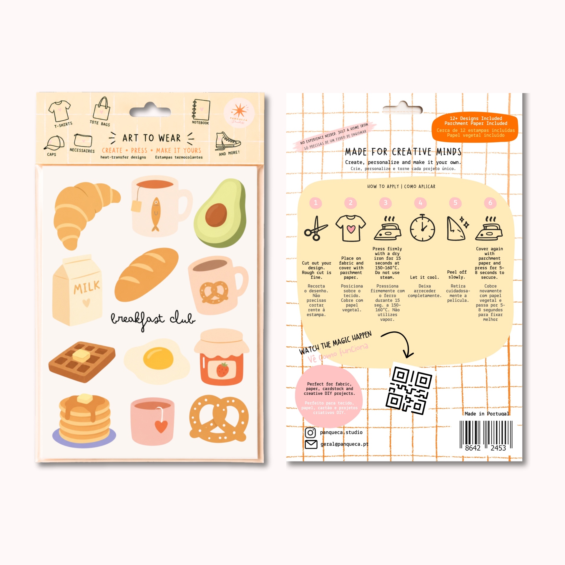 Embalagem de estampas termo colantes com desenhos de pequeno-almoço e instruções de aplicação