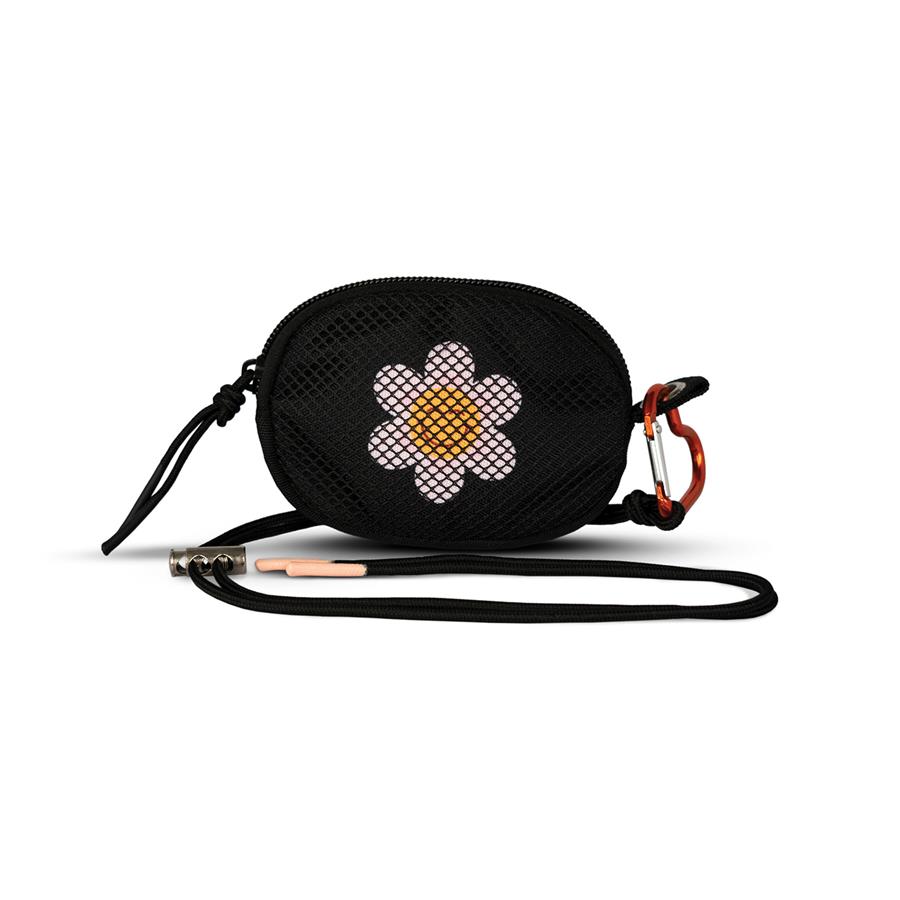 Bolsa pequena preta com flor rosa e amarelo e cordão