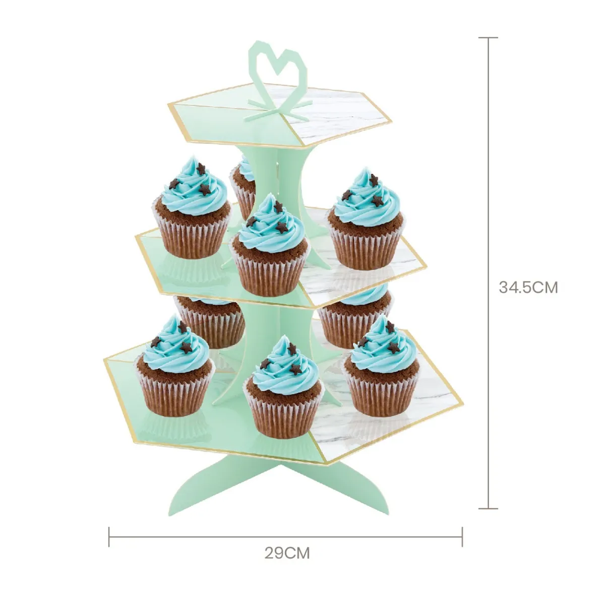 Expositor de cupcakes verde claro com bordas douradas e oito cupcakes com cobertura azul