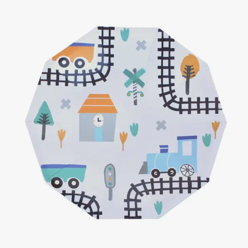 Tecido redondo com padrão infantil de comboio e carris