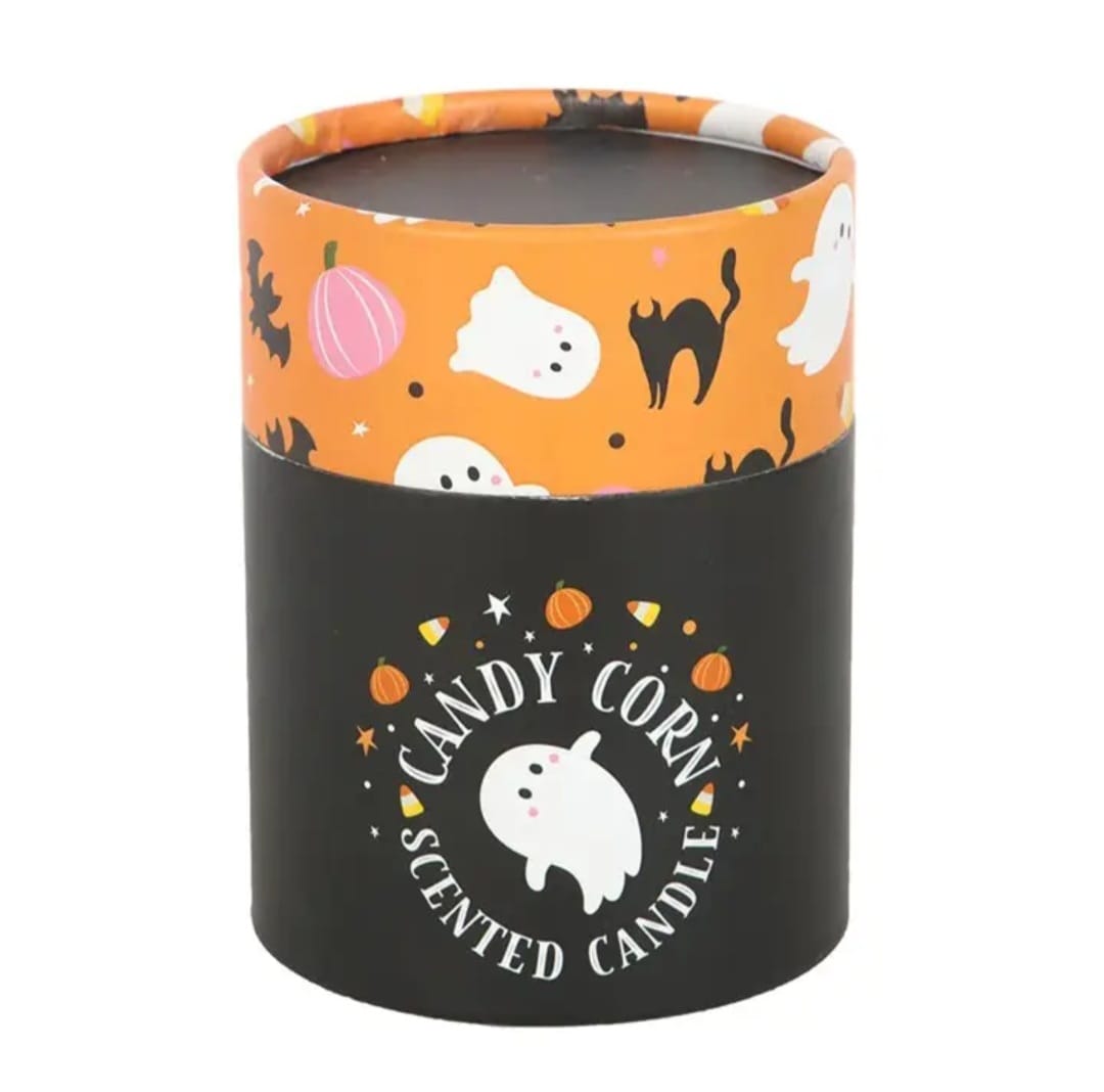 Vela em caixa preta e laranja com decoração de Halloween