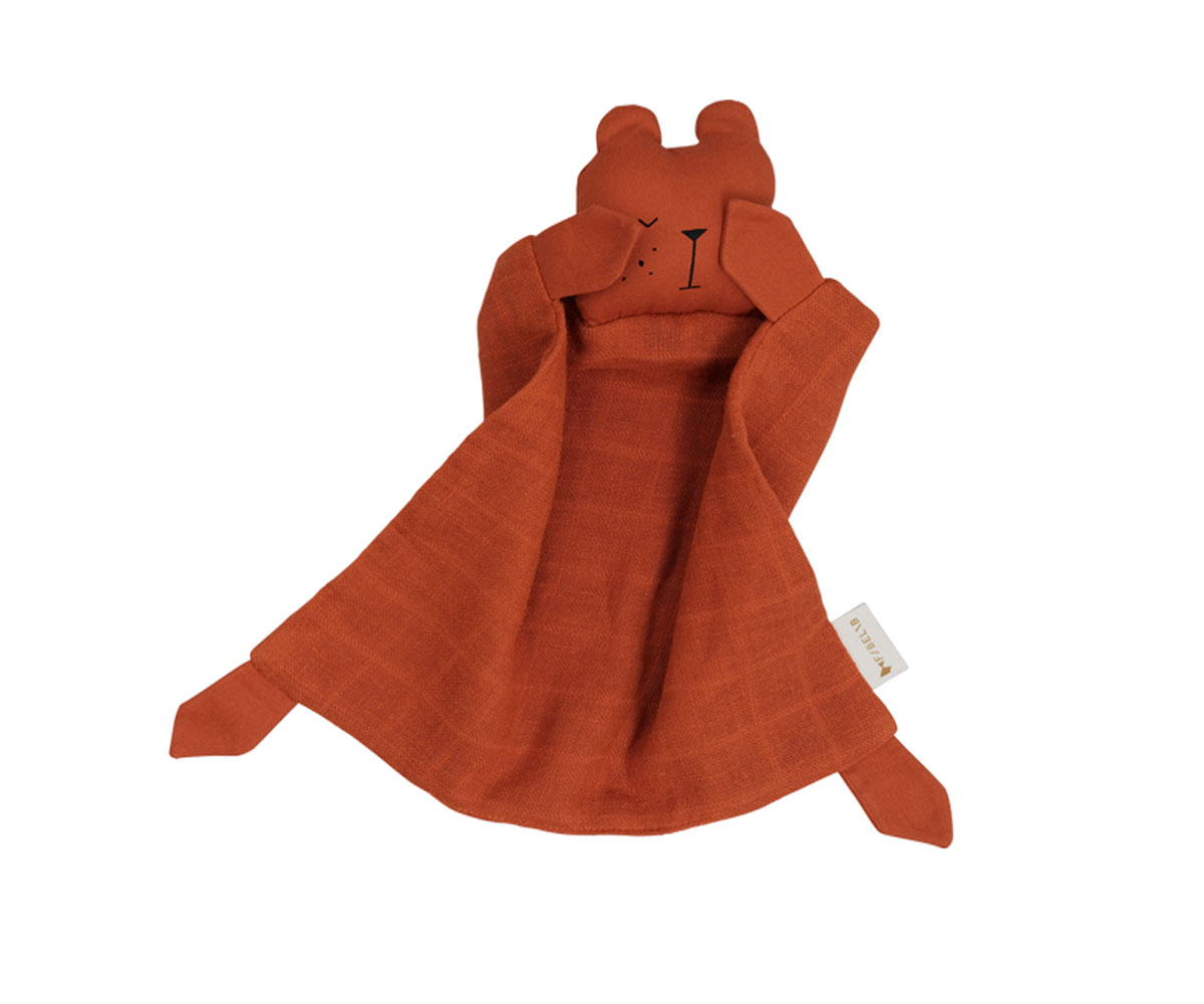 Brinquedo de peluche laranja em forma de animal com orelhas e rosto bordados