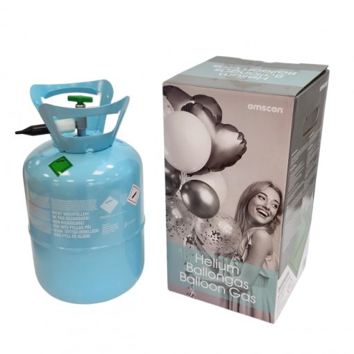 Botija azul de gás hélio e caixa de balões de festa