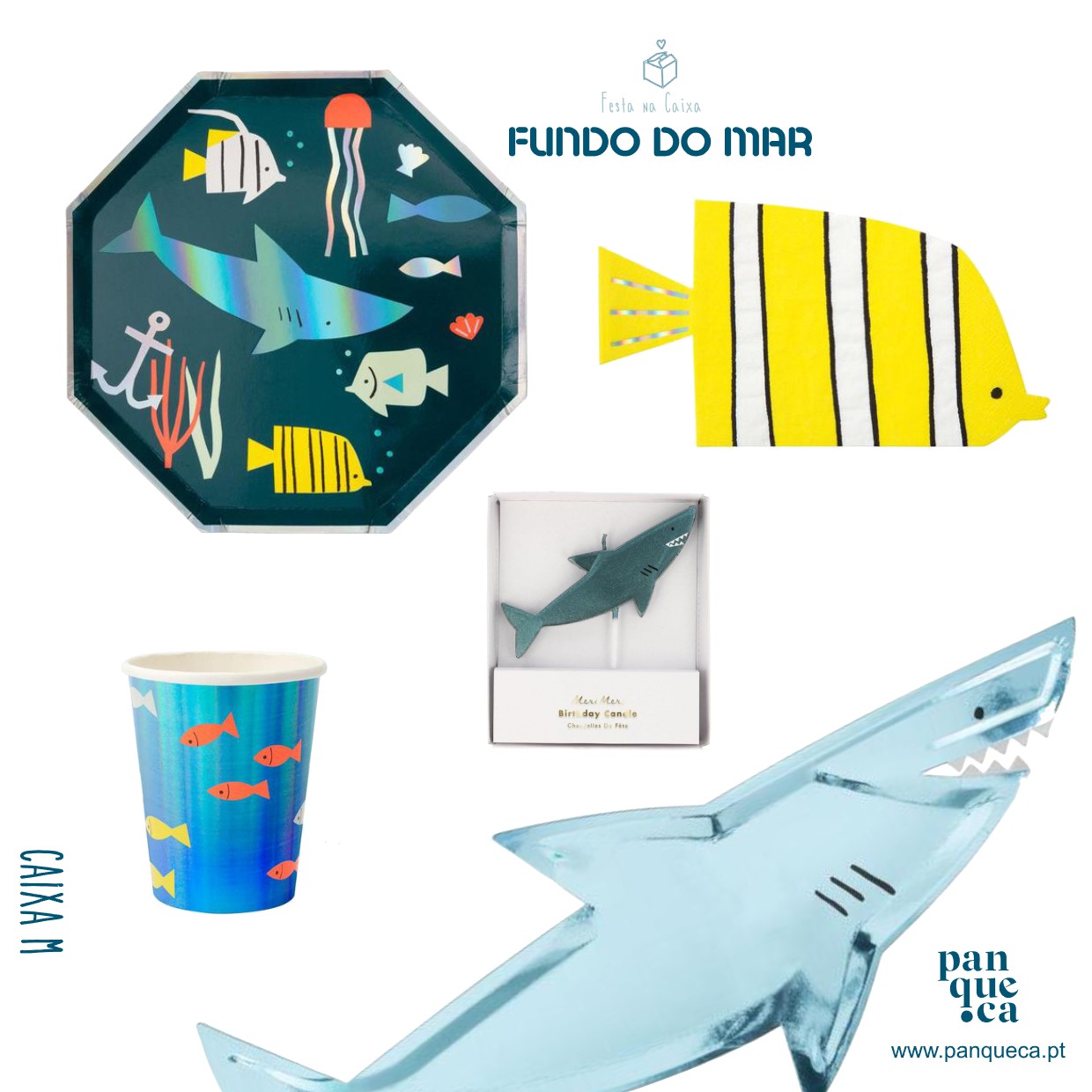 Produtos com tema marinho: prato, copo, íman e decoração de tubarão