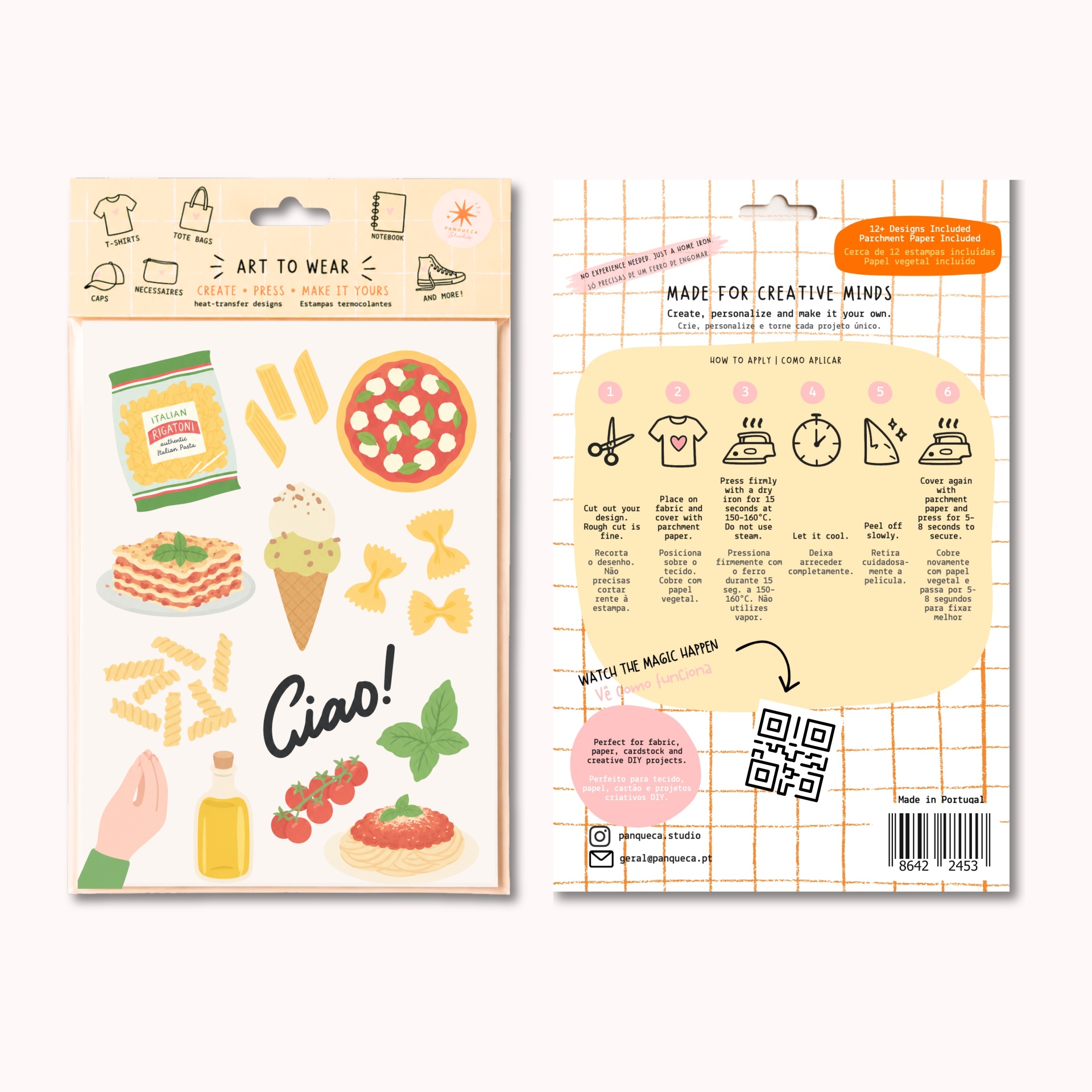 Estampas termocolantes com desenhos coloridos de massas e comida italiana em pacote bege com instruções