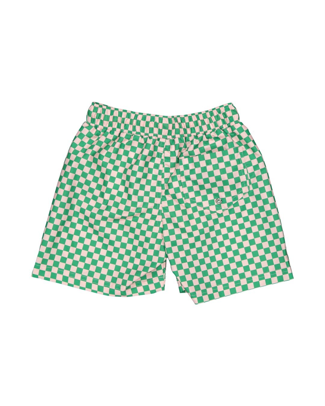 Calções verdes e brancos com padrão de quadrados e bolso com botão