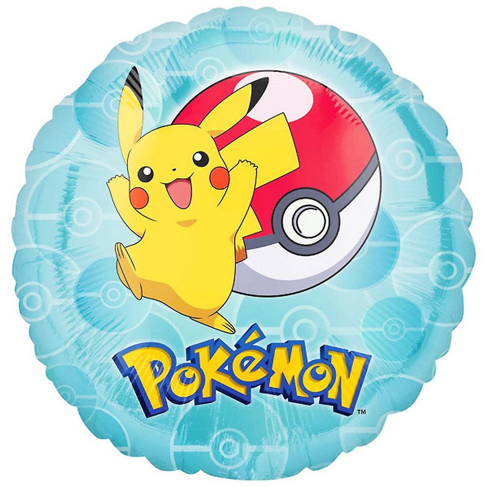 Balão redondo azul com Pikachu, Pokébola e palavra Pokémon
