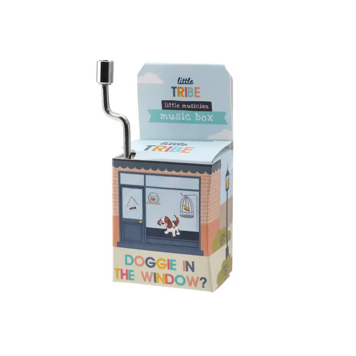 Caixa de música manual com design de janela e cachorro, texto 'DOGGIE IN THE WINDOW?'