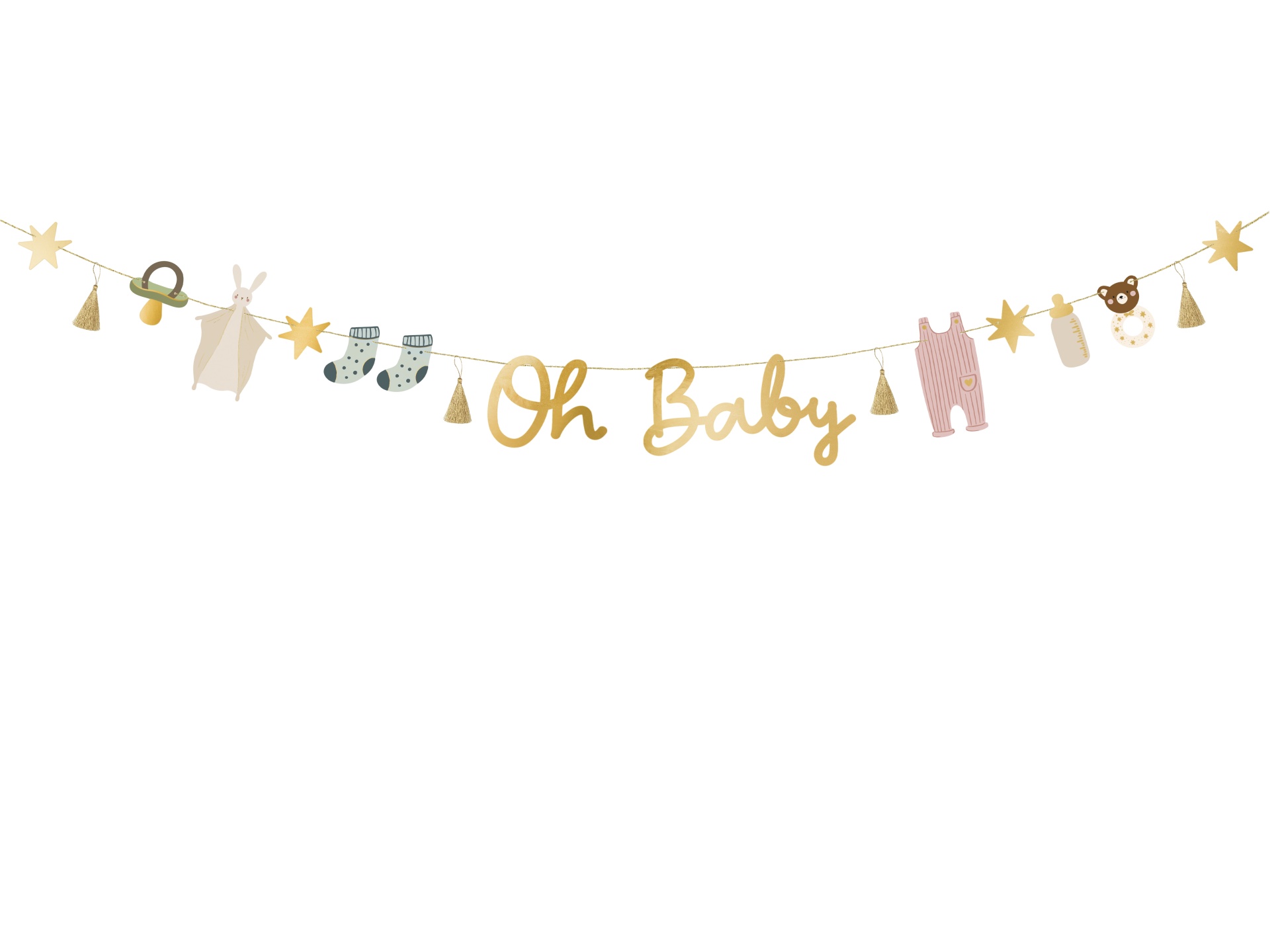 Guirlanda decorativa para bebé com texto Oh Baby e elementos variados em tons pastel e dourados