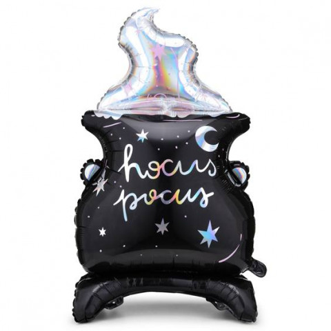 Balão metálico formato caldeirão preto com escrita hocus pocus