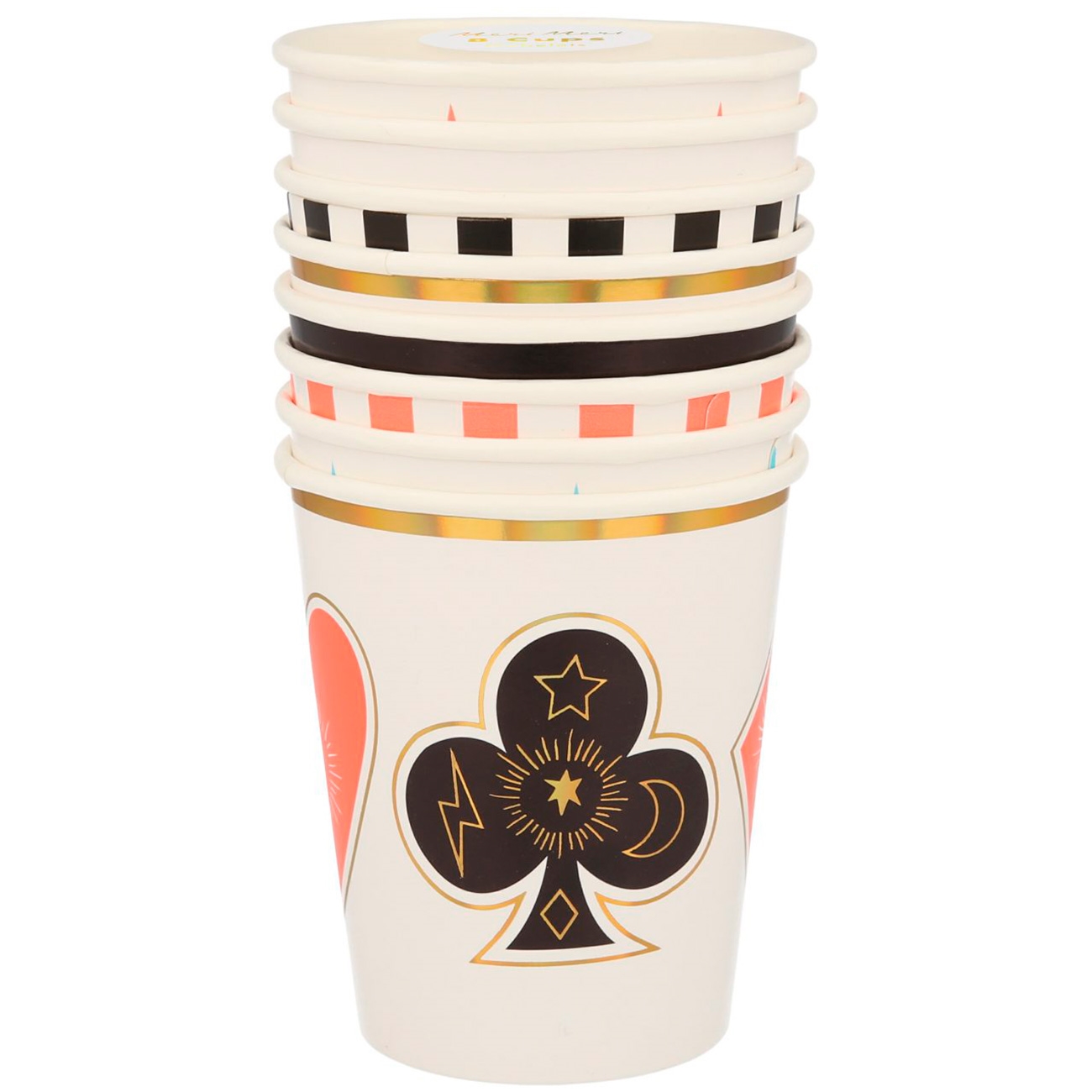 copos descartáveis de papel com padrão de naipe de paus preto e detalhes coloridos