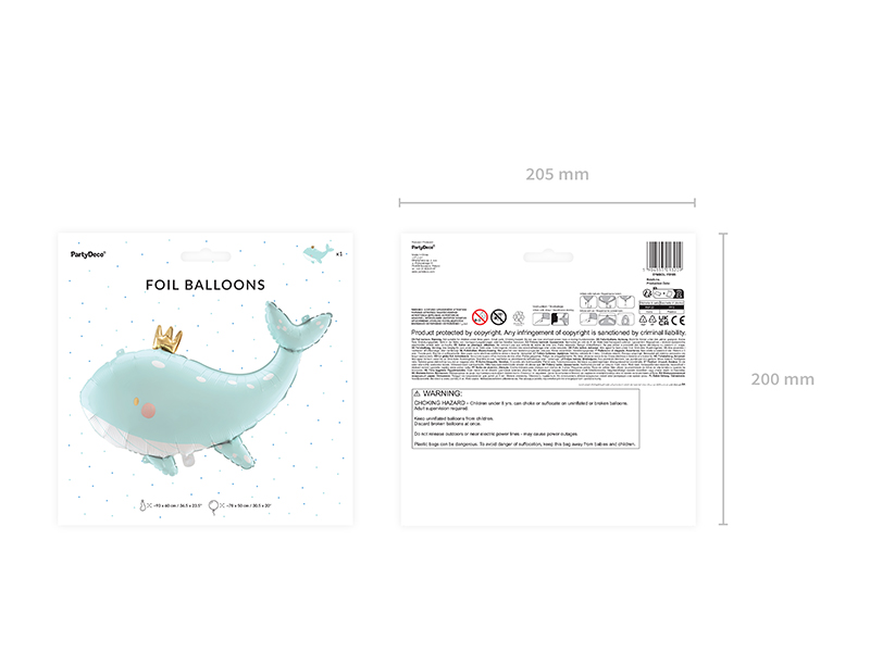 Balão em forma de baleia azul com coroa em embalagem branca