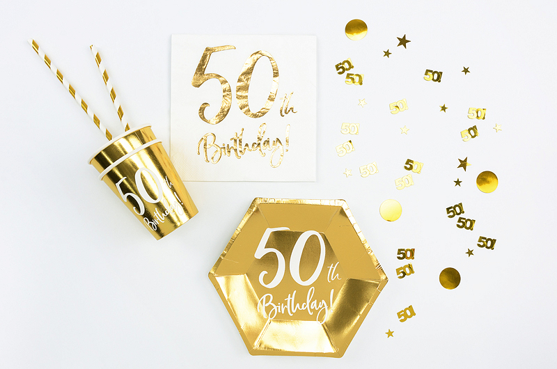 Conjunto de festa dourado com copos, guardanapos, pratos e confetis '50th Birthday'