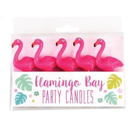Cinco velas de festa em forma de flamingos cor-de-rosa em embalagem