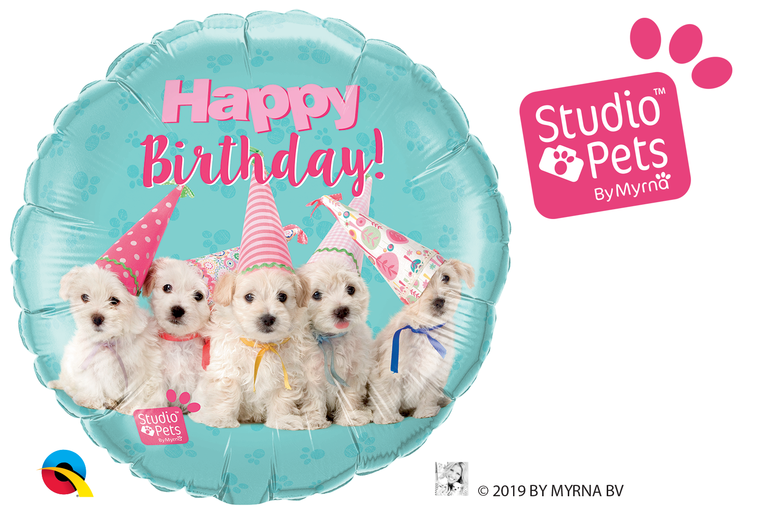 Balão azul claro com cachorros de festa e texto Happy Birthday