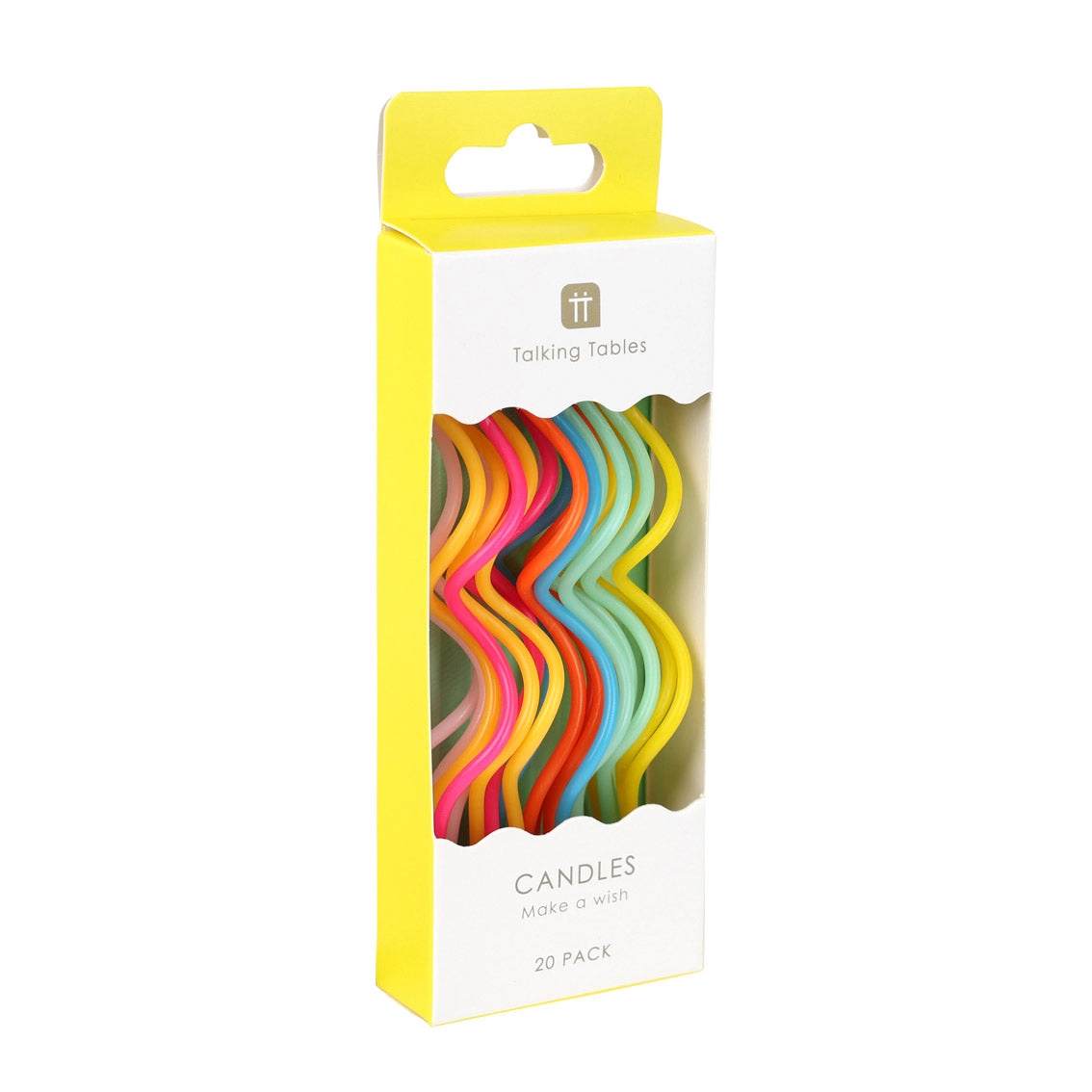 Caixa amarela e branca com velas coloridas onduladas