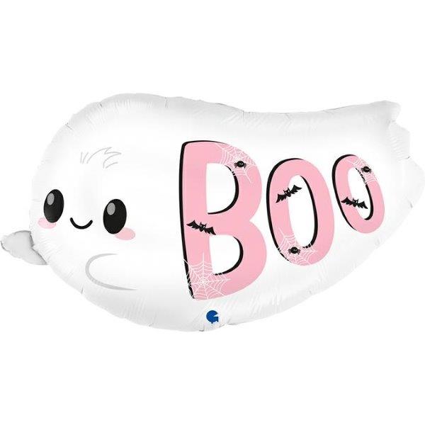 Balão fantasma branco com texto BOO cor-de-rosa
