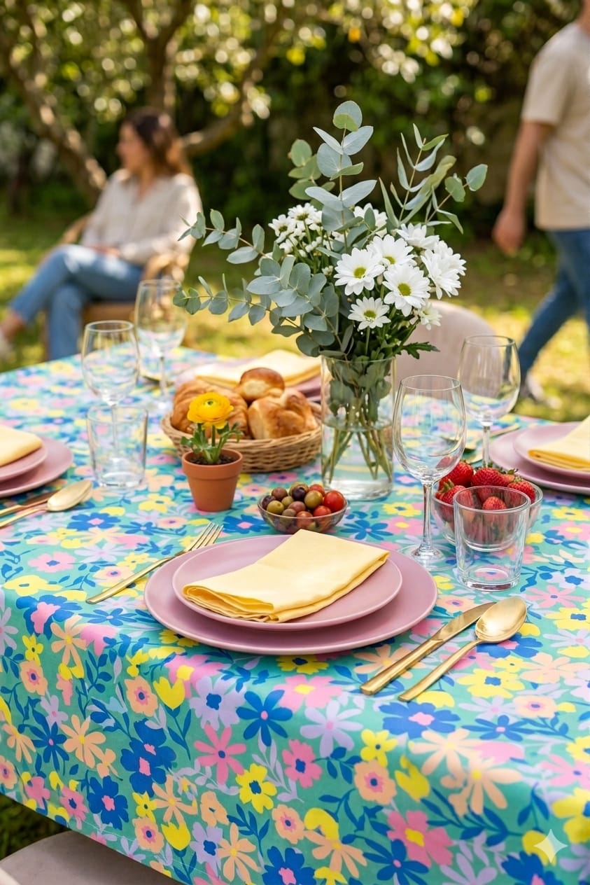 Mesa ao ar livre com toalha florada, pratos rosa, guardanapos amarelos, talheres dourados e flores brancas no jarro.