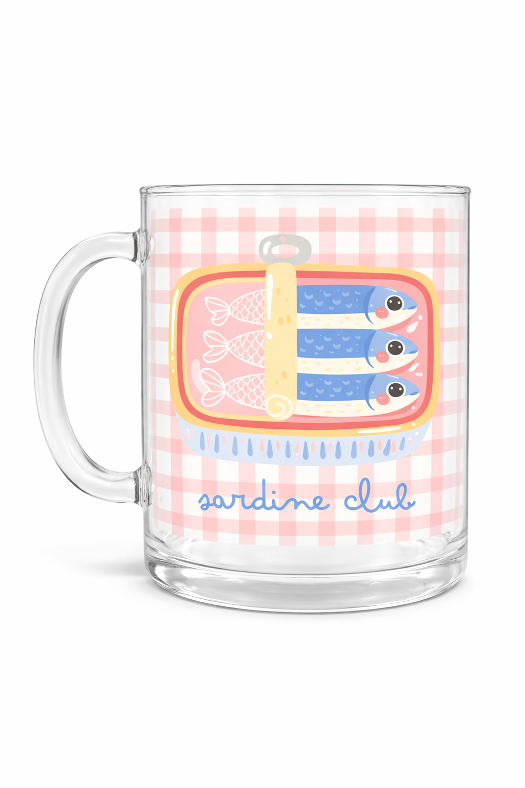 Caneca de vidro com ilustração de lata de sardinhas e frase sardine club