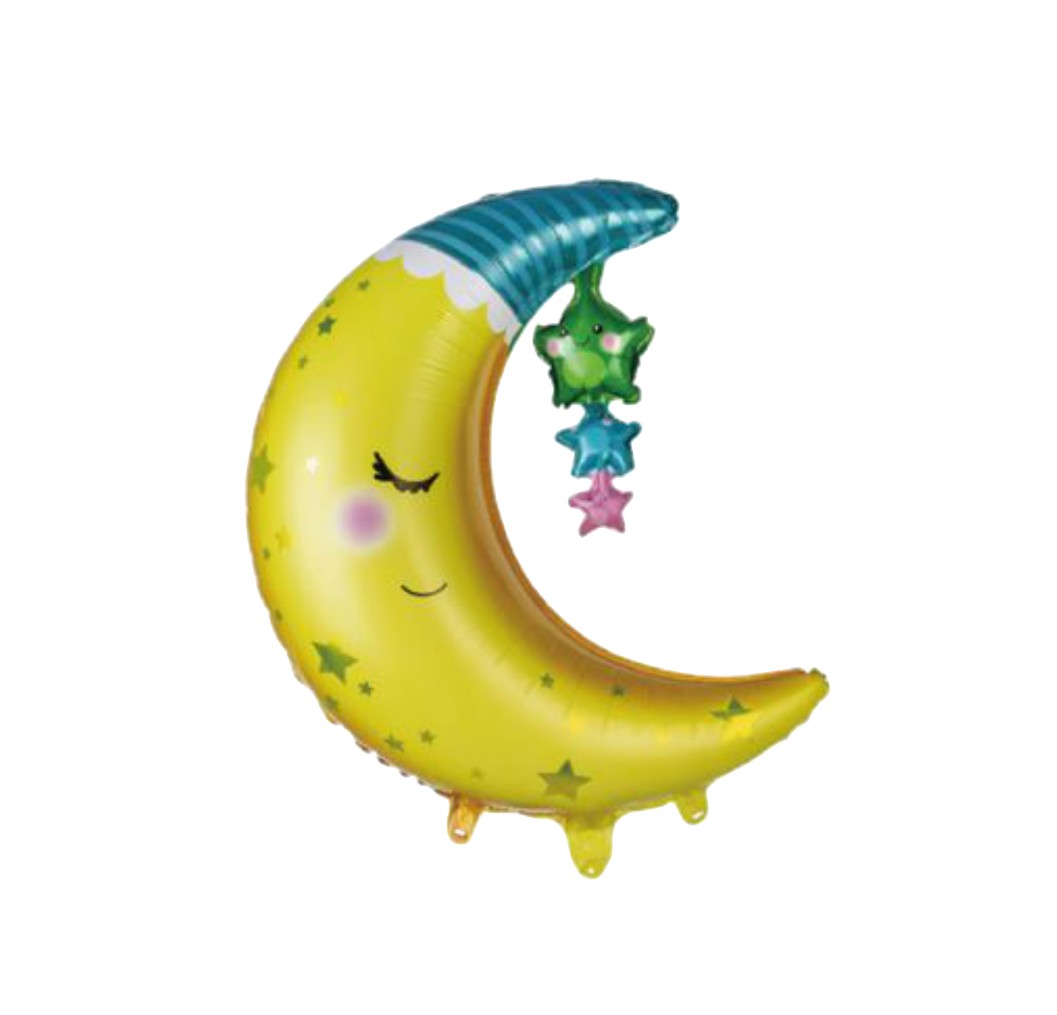Balão metálico em forma de lua crescente com rosto e estrelas penduradas