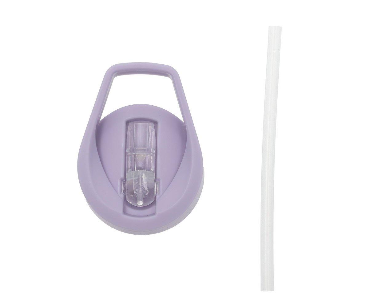 Tampa lilás para garrafa com pega, abertura transparente e canudo branco