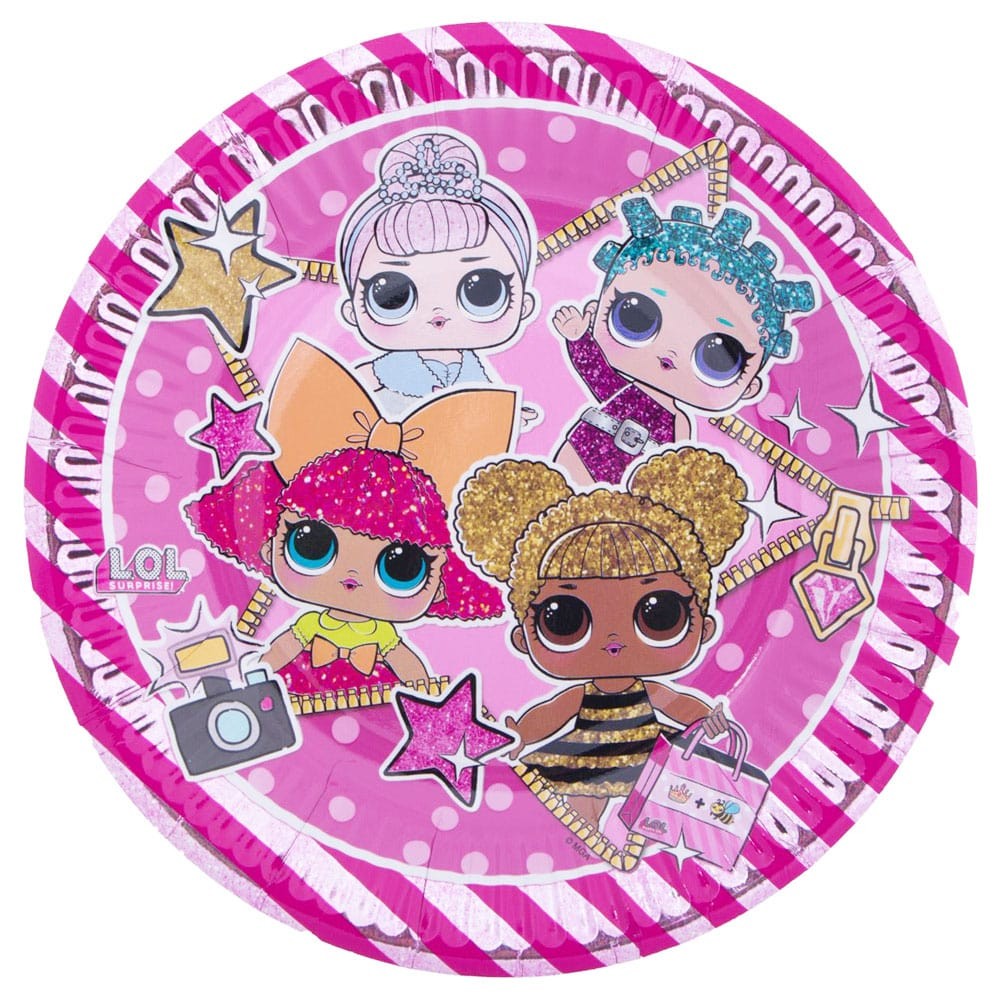 Prato de papel rosa com bonecas L.O.L. Surprise! e estrelas coloridas