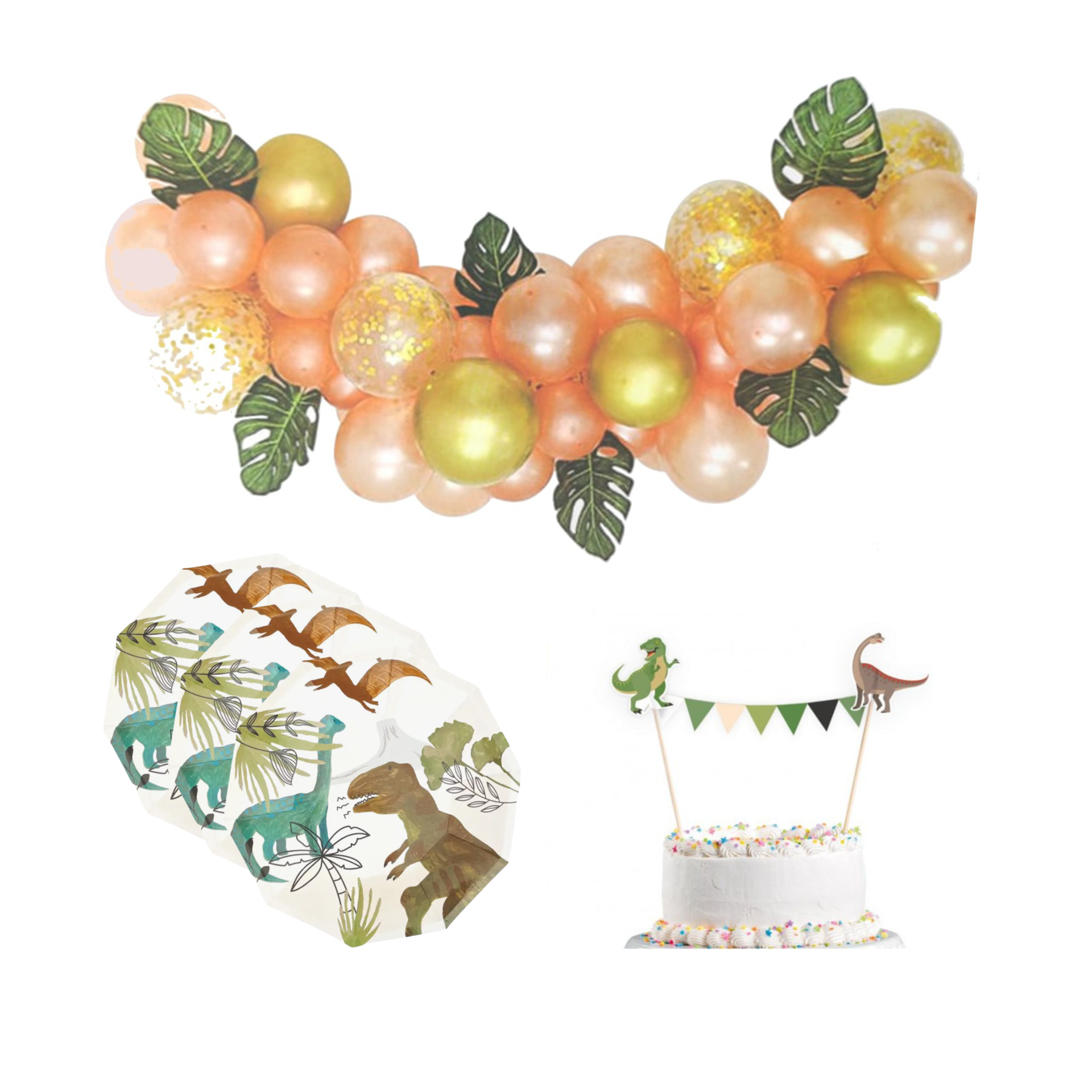 Conjunto de decoração de festa com balões dourados e laranja, pratos de dinossauros e bolo decorado com dinossauros