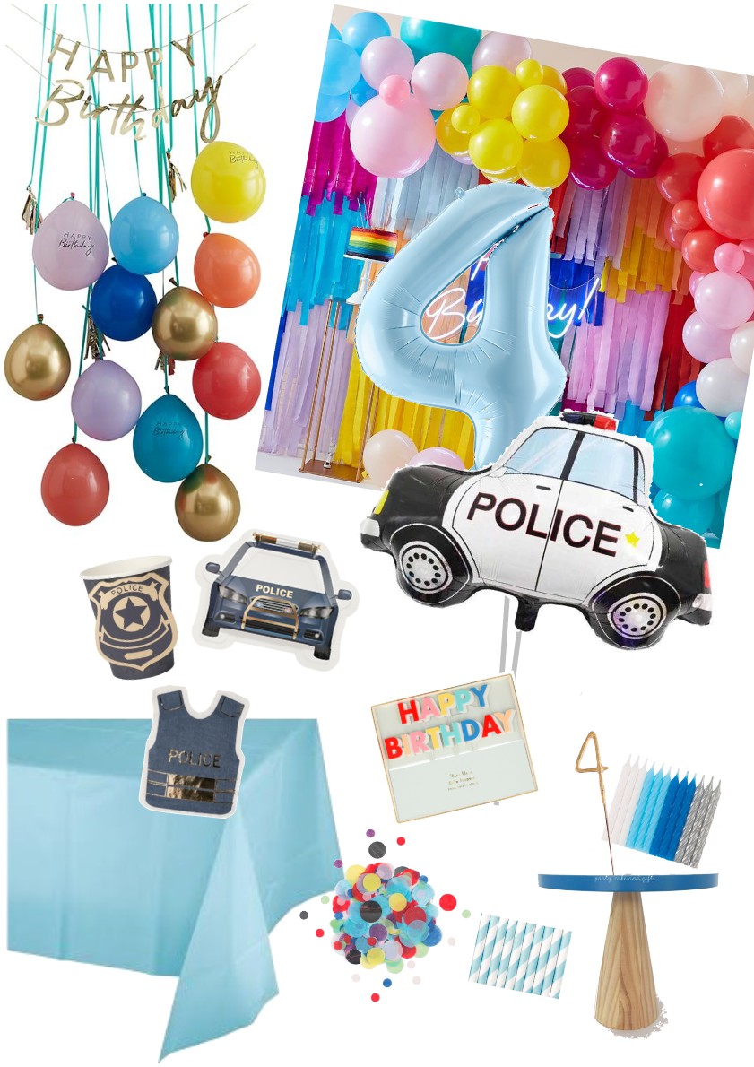 Conjunto de decoração para festa com balões coloridos, balão número 4, balão carro da polícia, confetes, toalha azul, cartões de aniversário e velas