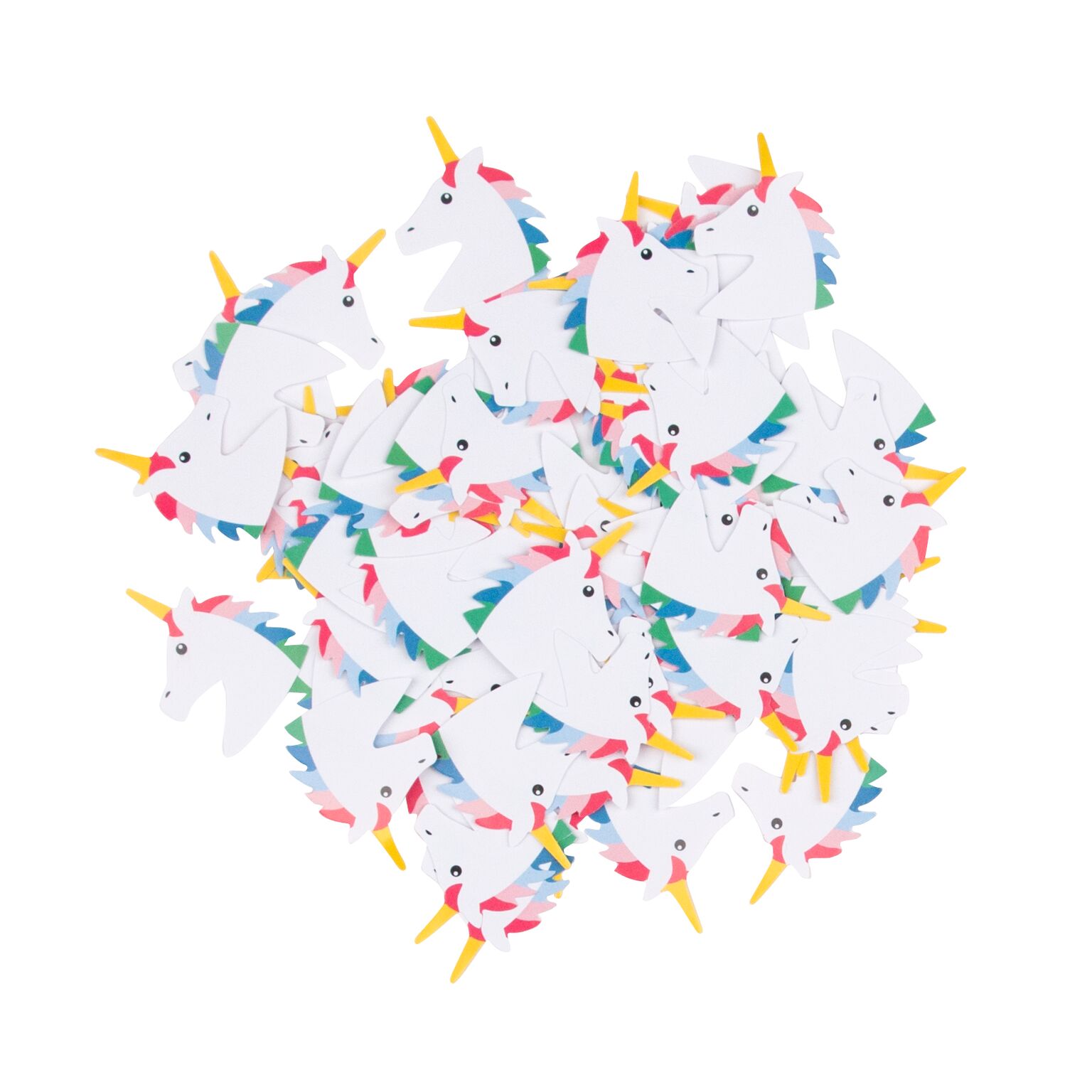 Confetis de unicórnios coloridos sobre fundo branco