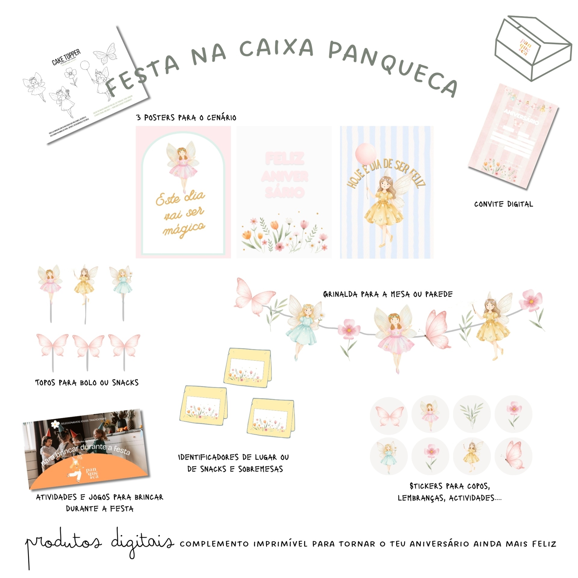 Kit digital para festa com tema de fadas em tons pastel e elementos decorativos variados