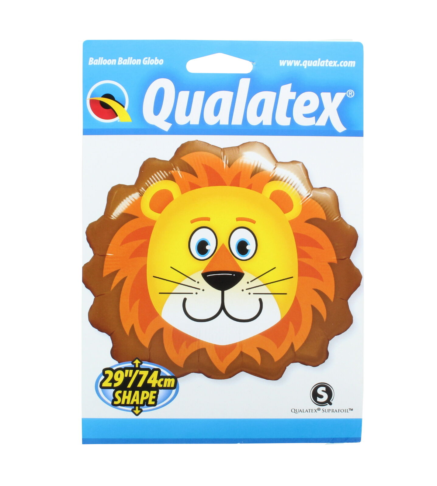 Balão formato cabeça de leão em embalagem Qualatex azul e branca