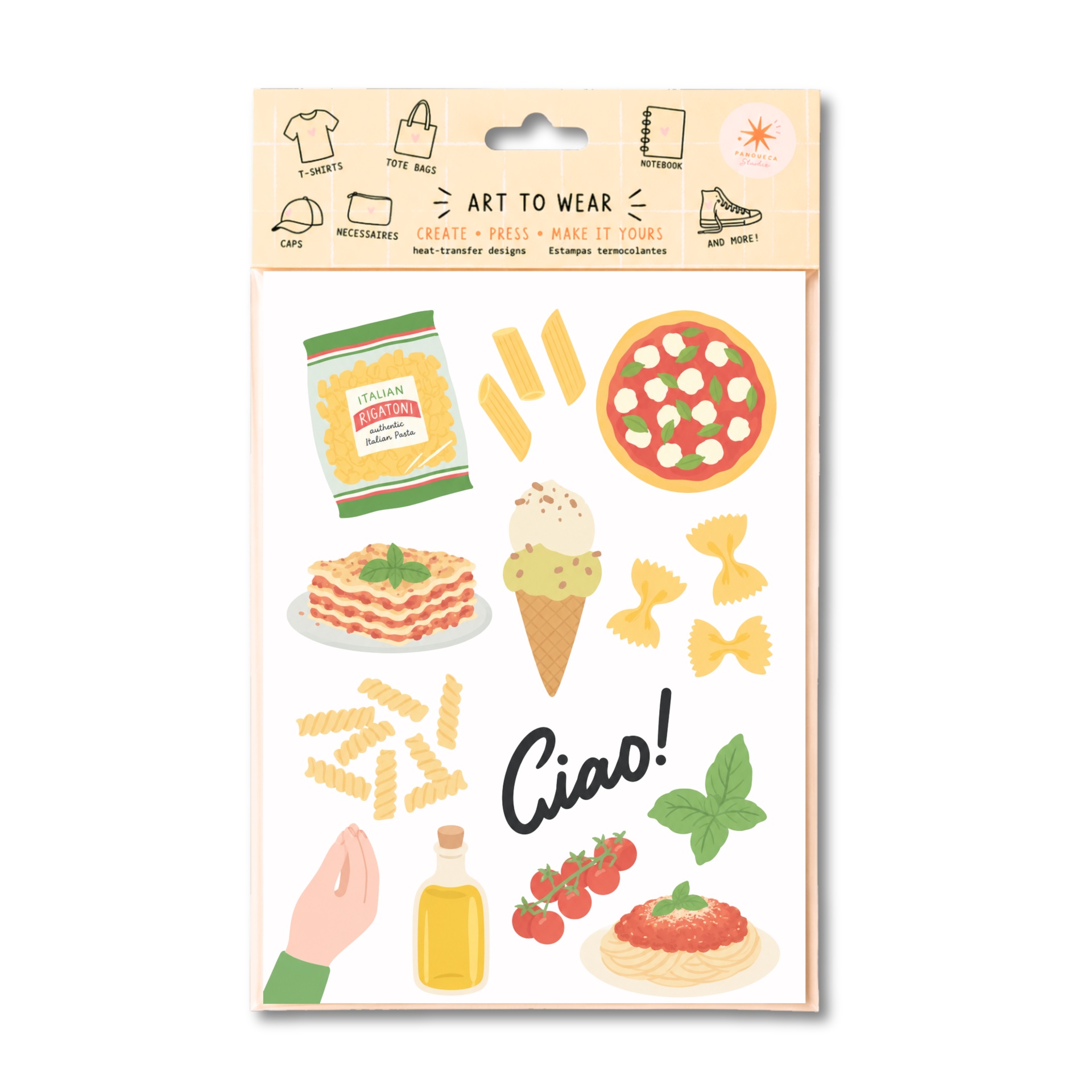 Pacote de estampas termocolantes com desenhos de comida italiana e texto Ciao
