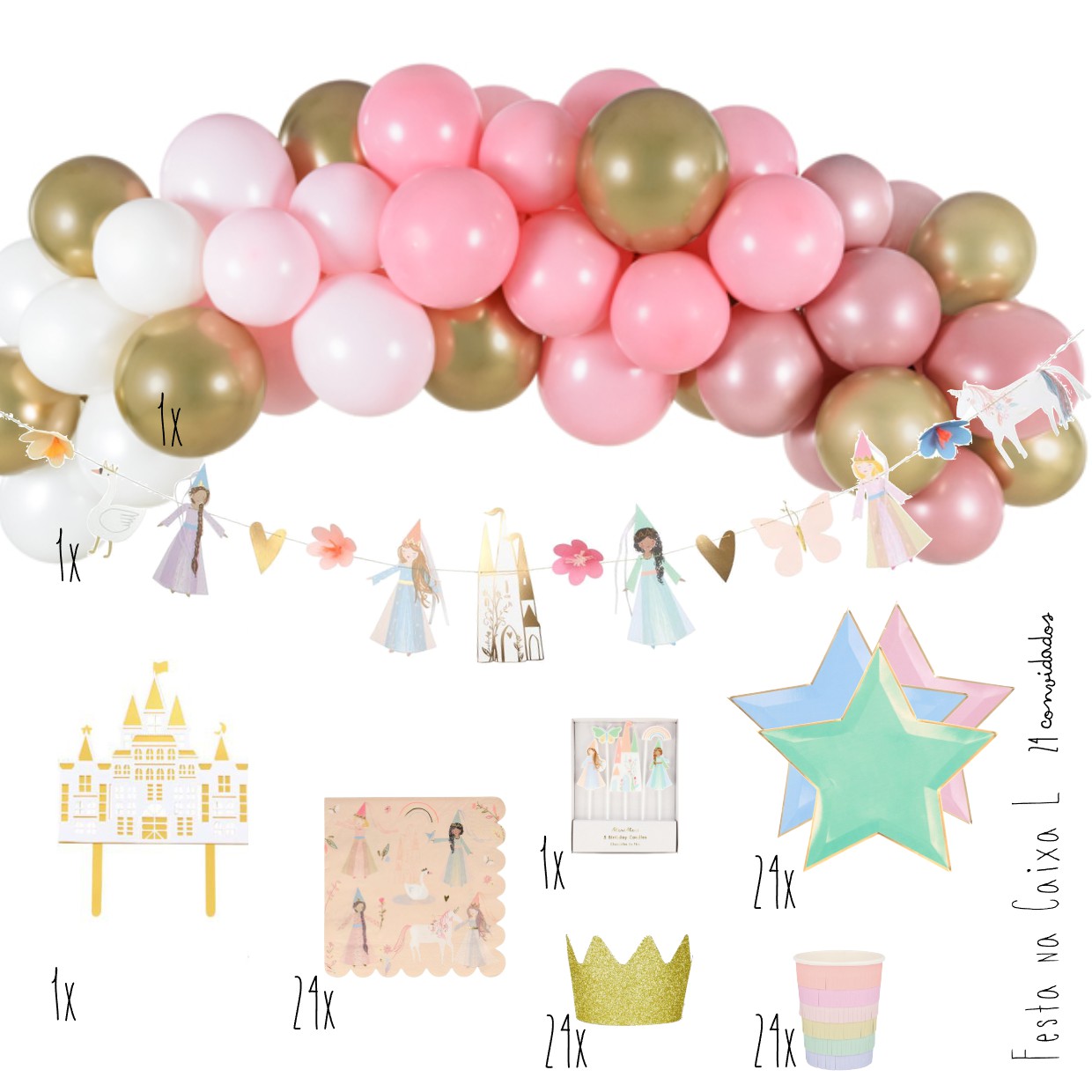 Decoração para festa com balões coloridos, recortes de bailarinas, coroas e copos decorativos.