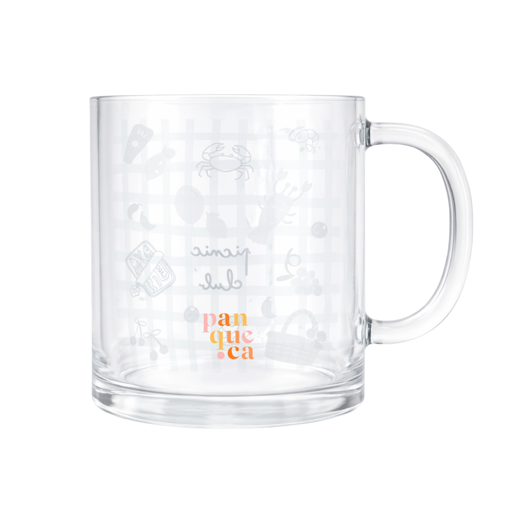 Caneca de vidro transparente com desenhos brancos e texto panque.ca