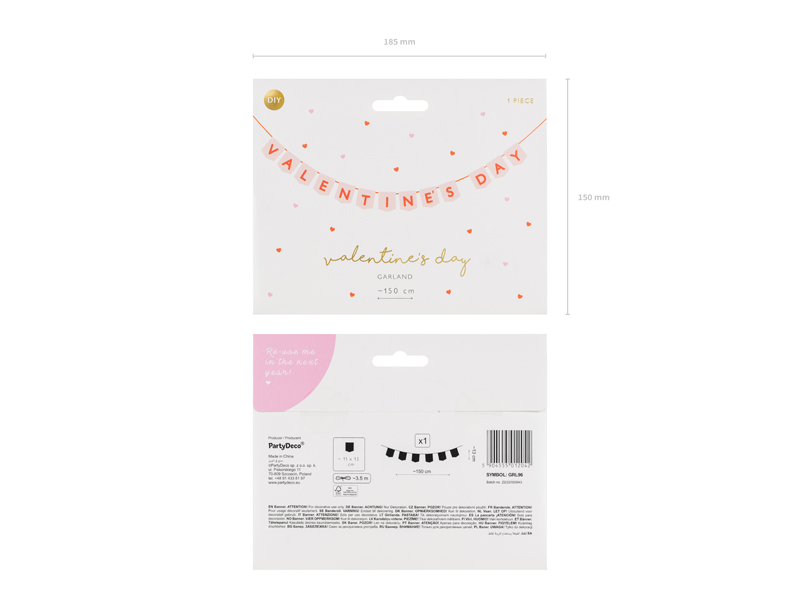 Conjunto de letras para decoração 'VALENTINES DAY' em embalagem branca com detalhes cor-de-rosa e dourados