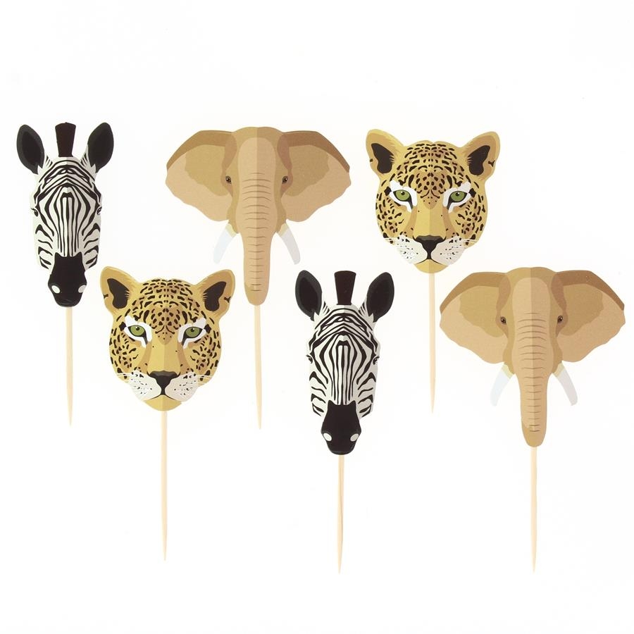 Toppers de bolos com cabeças de zebra, elefante e leopardo em papel/cartão com palitos de madeira