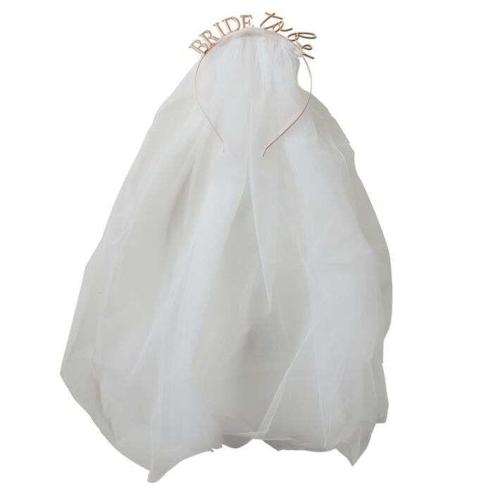 Véu de noiva branco com faixa metálica 'BRIDE TO BE'