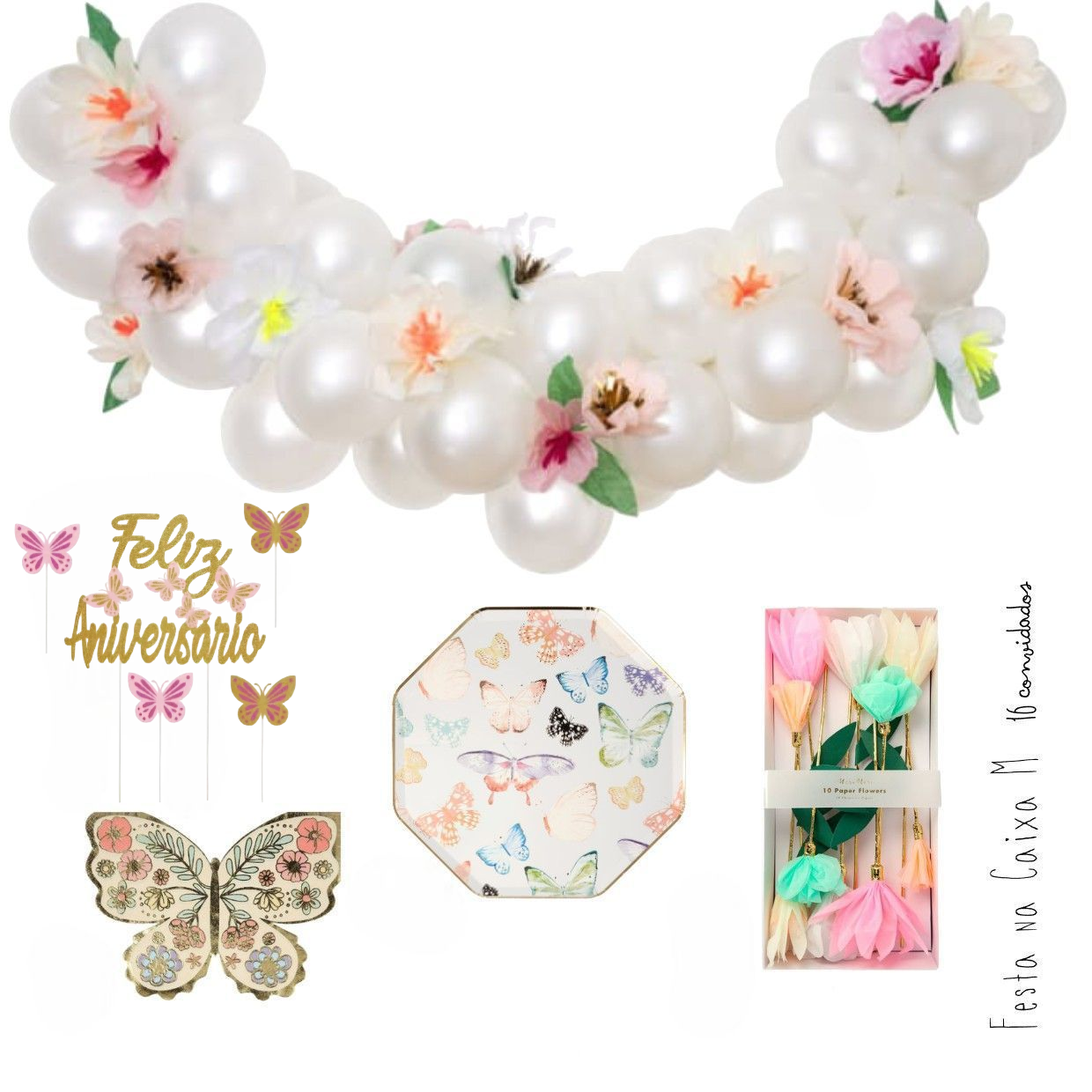 Conjunto decorativo de festa com balões perolados brancos e flores, placa com borboletas, toppers 'Feliz Aniversário' e flores artificiais coloridas