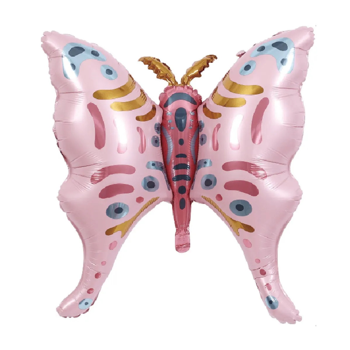 Balão metalizado rosa em forma de borboleta com decoração colorida